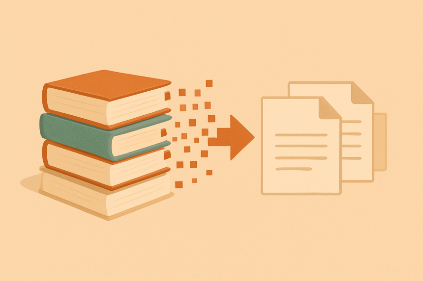 Illustration of physical books converting into digital documents, symbolizing research access and digital archiving. annas archive