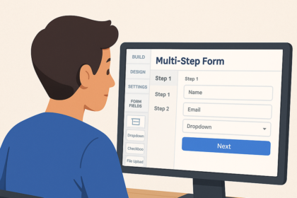 “Marketer building a multi-step lead generation form using form builder software on desktop”