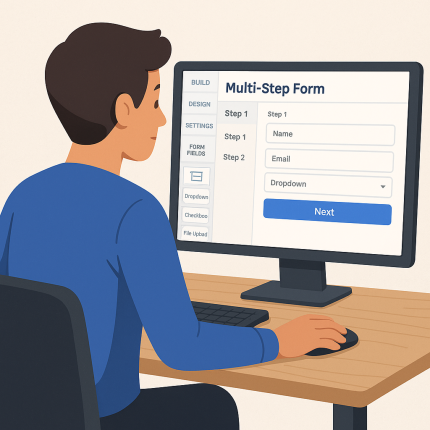 “Marketer building a multi-step lead generation form using form builder software on desktop”